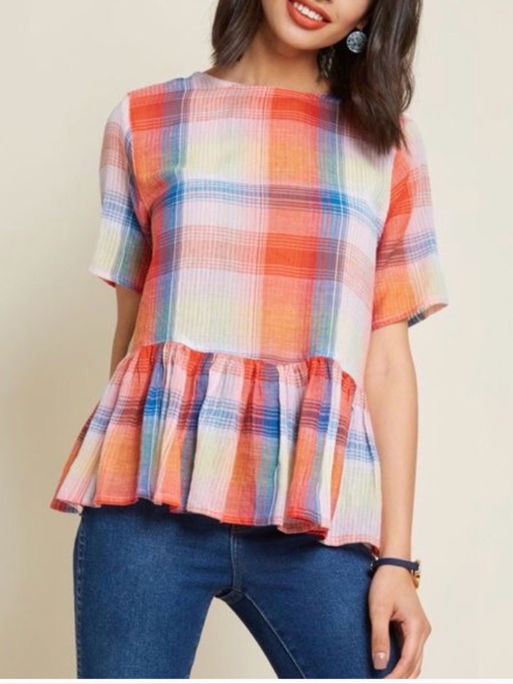 Zara Multi-Color Plaid Peplum Top 100% Cotton